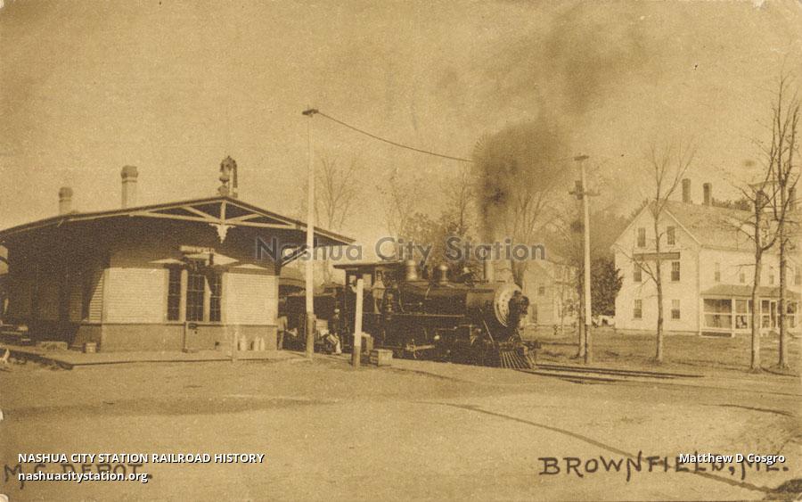 Postcard Maine Central depot, Brownfield, Maine Railroad History