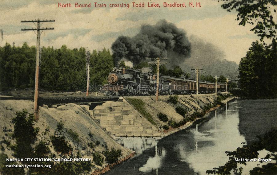 Postcard North Bound Train crossing Todd Lake, Bradford, New Hampshire