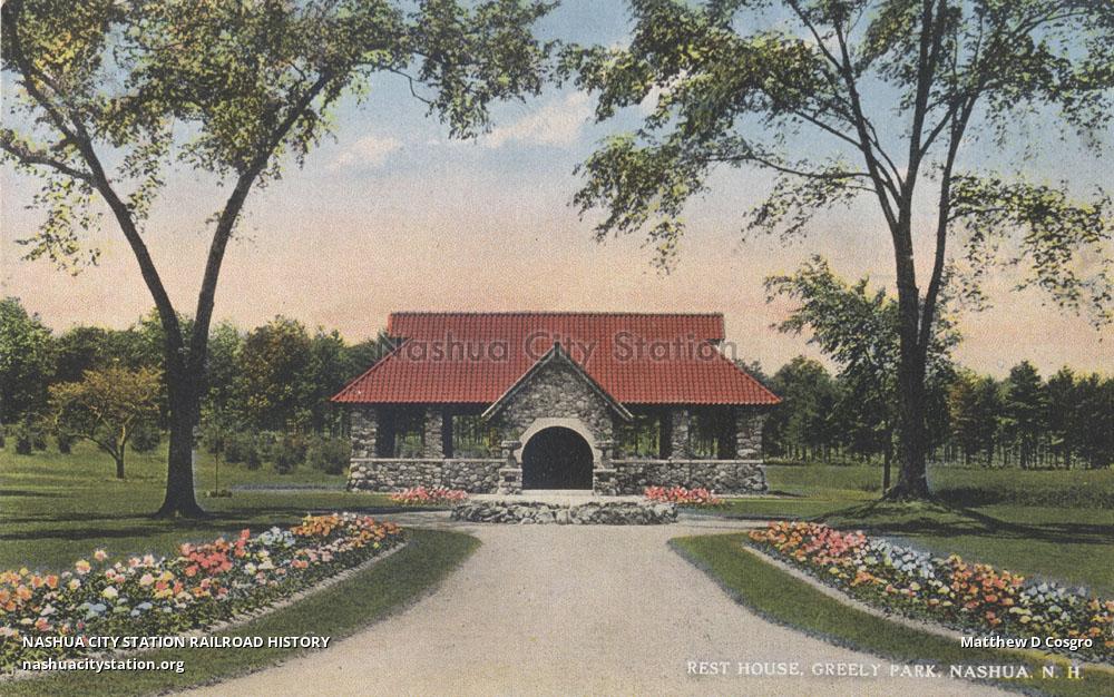 Postcard Rest House, Greely Park, Nashua, New Hampshire Railroad History
