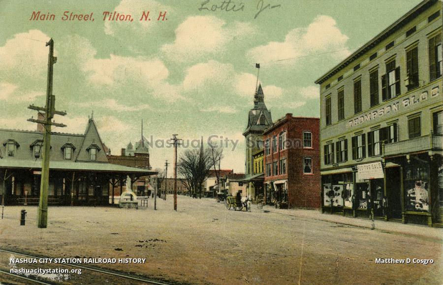 Postcard Main Street, Tilton, New Hampshire Railroad History