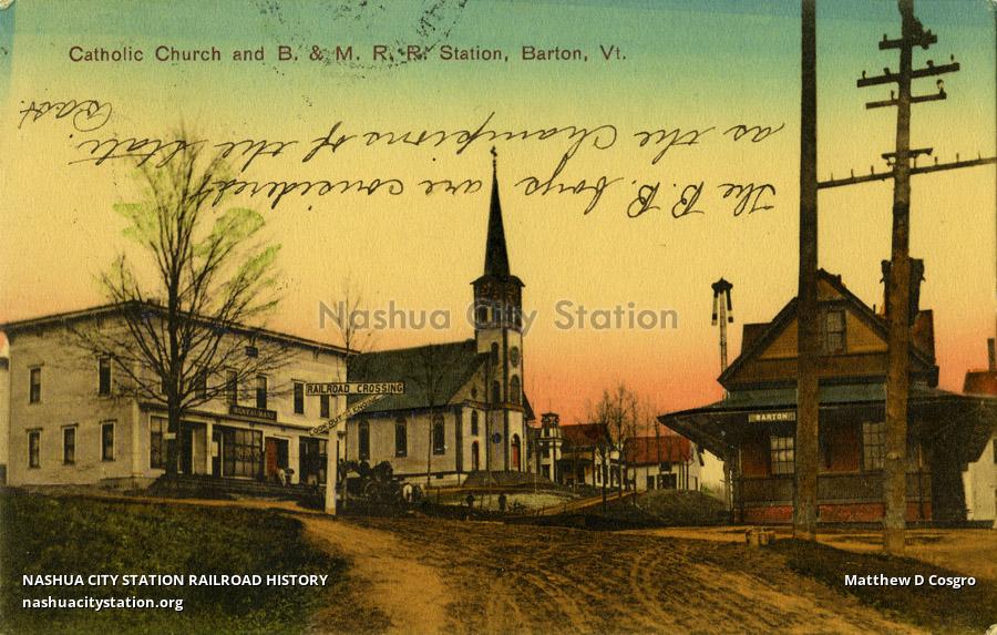 Postcard Catholic Church and Boston & Maine Railroad Station, Barton