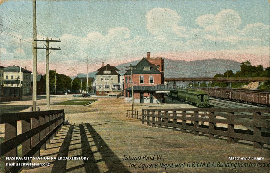 Postcard Island Pond, Vermont, The Square, Depot, and Railroad YMCA