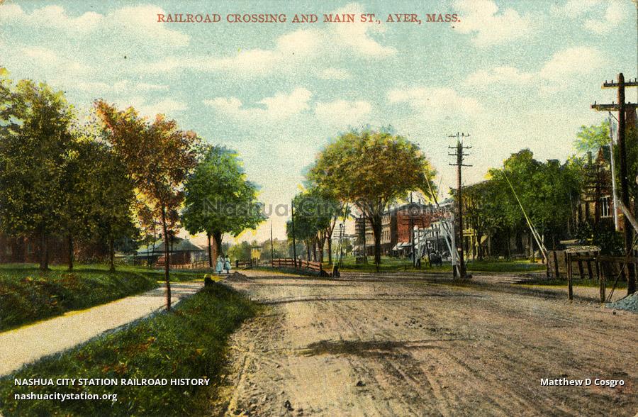 Postcard Railroad Crossing and Main Street, Ayer, Massachusetts