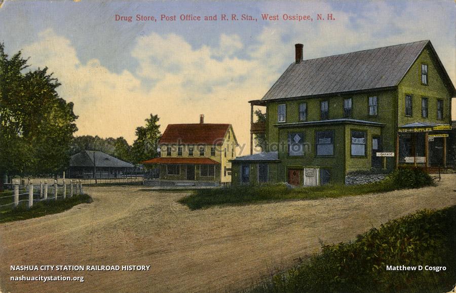 Postcard Drug Store, Post Office and Railroad Station, West Ossipee