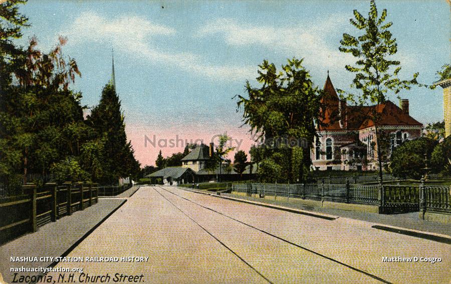 Postcard Laconia, New Hampshire Church Street Railroad History