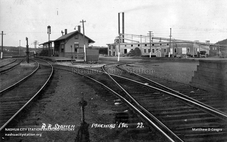 Postcard Railroad Station, Machias, Maine Railroad History