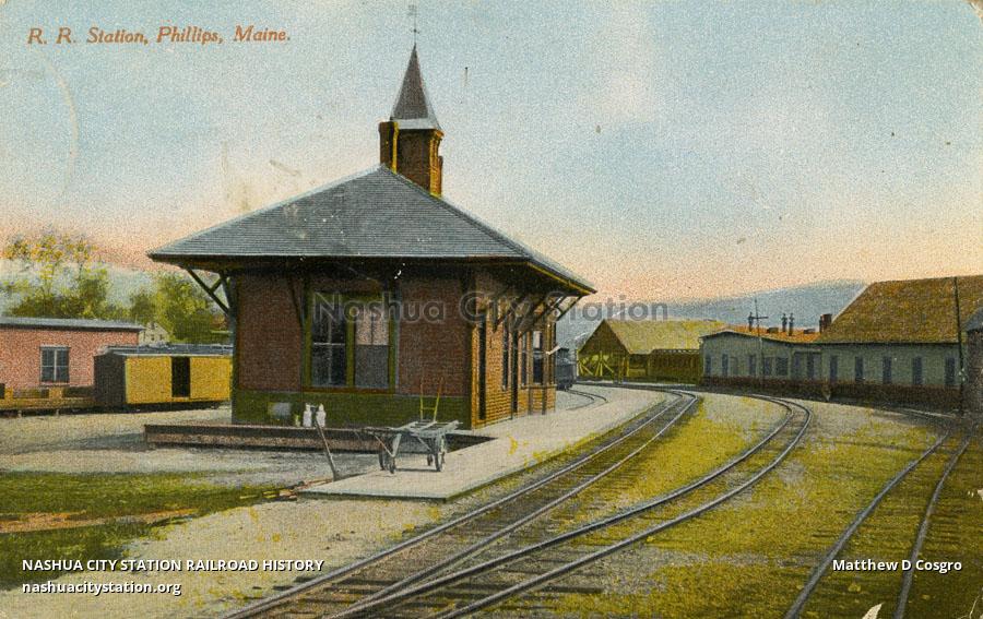 Postcard Railroad Station, Phillips, Maine Railroad History