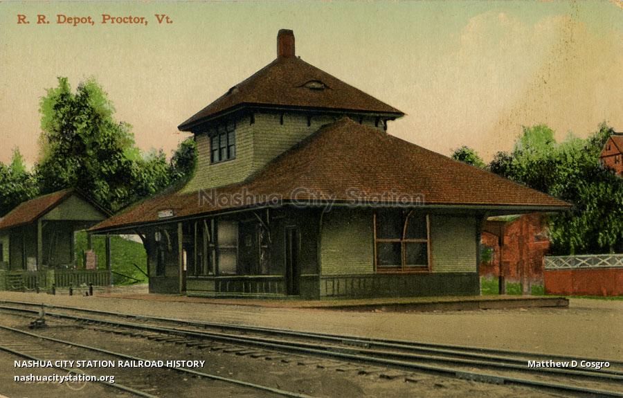 Postcard Railroad Depot, Proctor, Vermont Railroad History