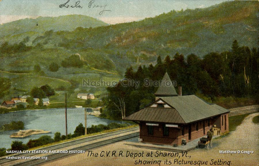 Postcard The Central Vermont Railroad Depot at Sharon, Vermont, showing its picturesque setting
