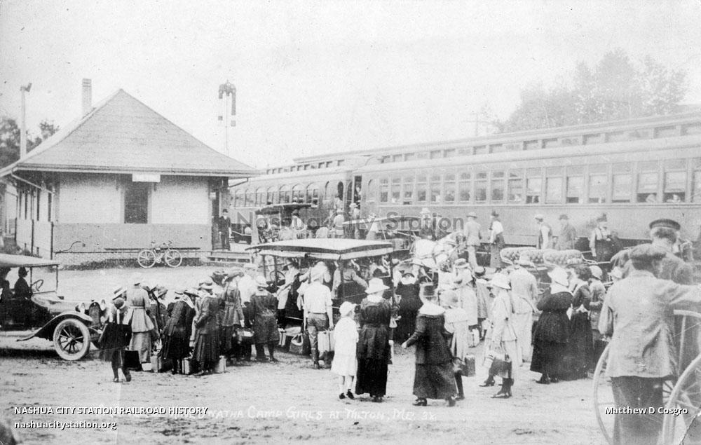 Postcard Arrival of Kineowatha Camp Girls at Wilton, Maine Railroad