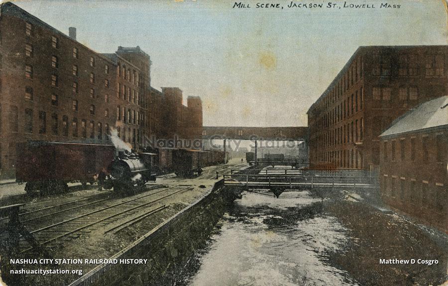 Postcard Mill Scene, Jackson Street, Lowell, Massachusetts Railroad