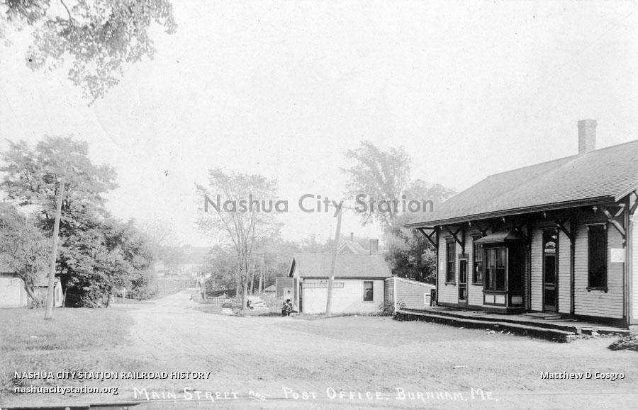 Postcard Main Street and Post Office, Burnham, Maine Railroad History