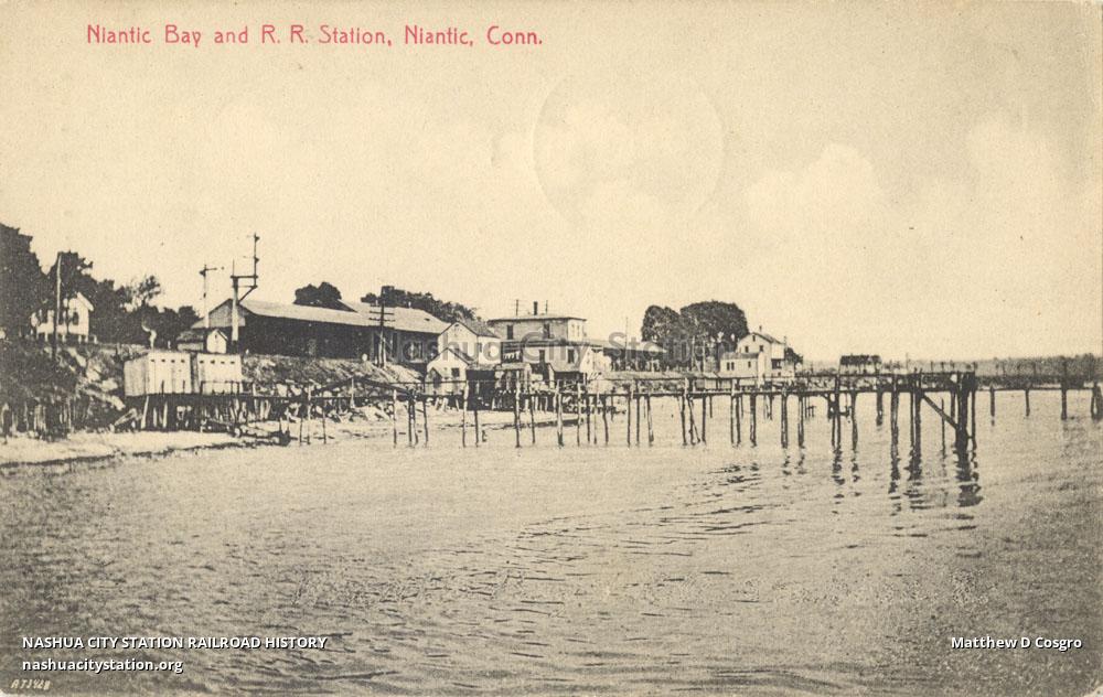 Postcard Niantic Bay and Railroad Station, Niantic, Connecticut
