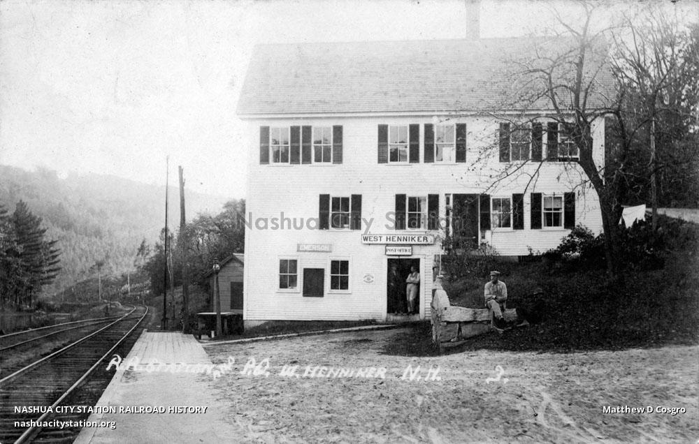 Postcard Railroad Station and Post Office, West Henniker, New Hampshire Railroad History