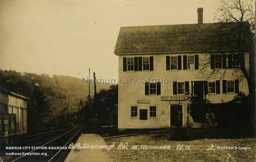 Postcard Railroad Station and Post Office, West Henniker, New Hampshire Railroad History