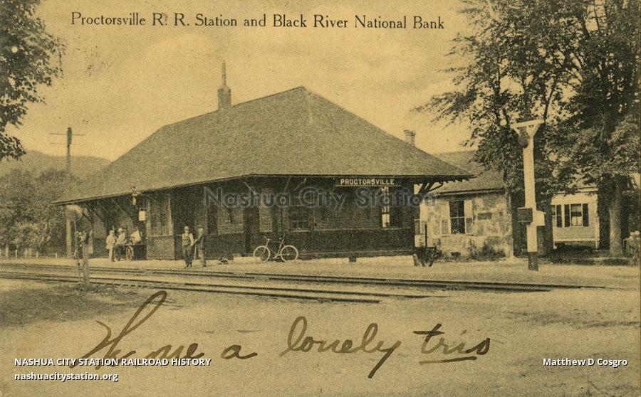 Postcard Proctorsville Railroad Station and Black River National Bank