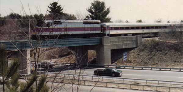 A Railroad Enthusiasts trip crossing the F. E. Everett Turnpike on its way to Bennington