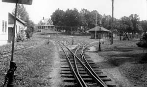 Station and yard at Strong, Maine. Sandy River & Rangeley Lakes Railroad