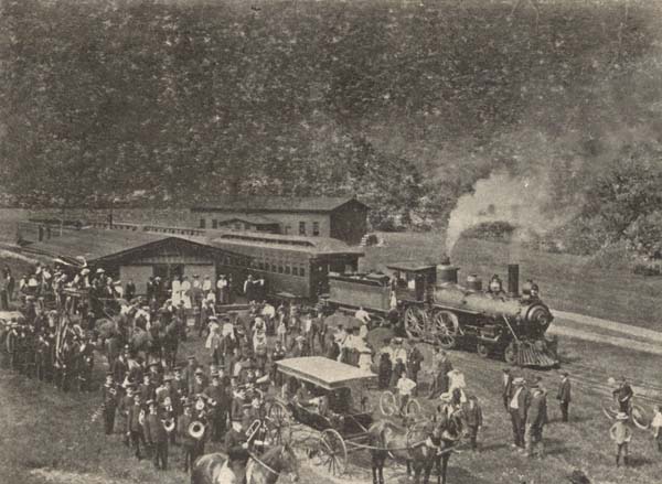Arrival of morning train at Rochester, Vermont. August 10, 1905