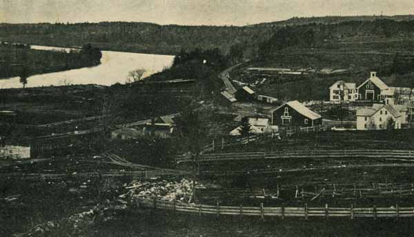Merrimack River, Suncook Railroad Station, C. H. Ruggles' Livery Stable and the Hall Wilkins' Residence, Suncook, New Hampshire