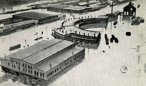 Flood Scene. Boston & Maine Roundhouse at Concord, New Hampshire