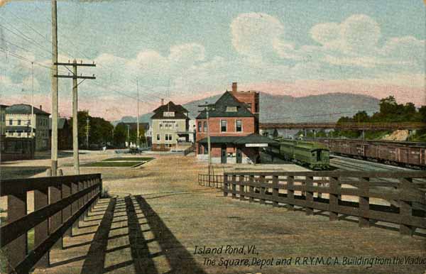 Island Pond, Vermont, The Square, Depot, and Railroad YMCA Building from the Viaduct