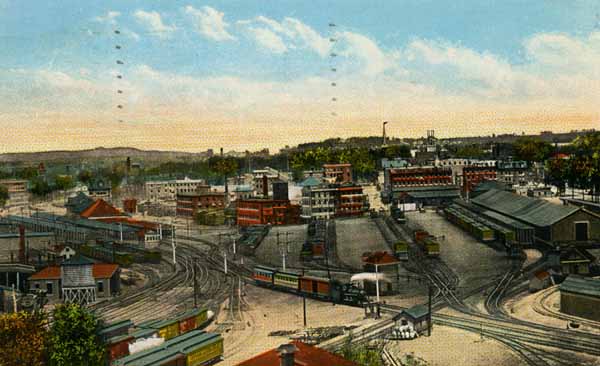 Bird's Eye View of Boston & Maine Railroad Yard Showing Freight Depot and Passenger Station, Manchester, New Hampshire