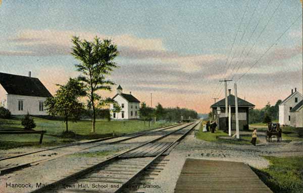 Hancock, Maine.  Town Hall, School and Railway Station