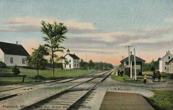 Hancock, Maine. Town Hall, School and Railway Station