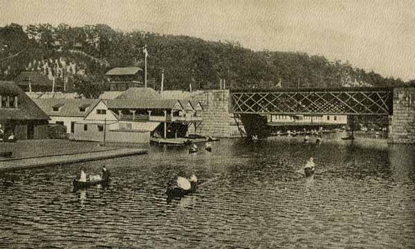 Public Boat Houses at Riverside, showing Riverside Station and Railroad Bridge