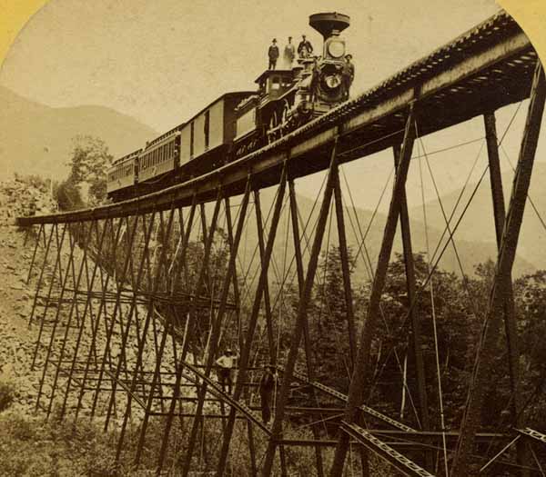 Frankenstein Trestle and Train, Portland & Ogdensburg Railroad, Crawford Notch, White Mountains